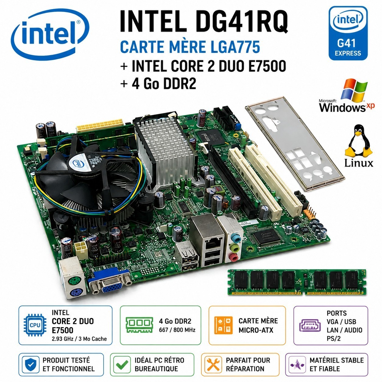 Intel DG41RQ + Core 2 Duo E7500 + 4GB DDR2 + I/O Shield LGA775 XP