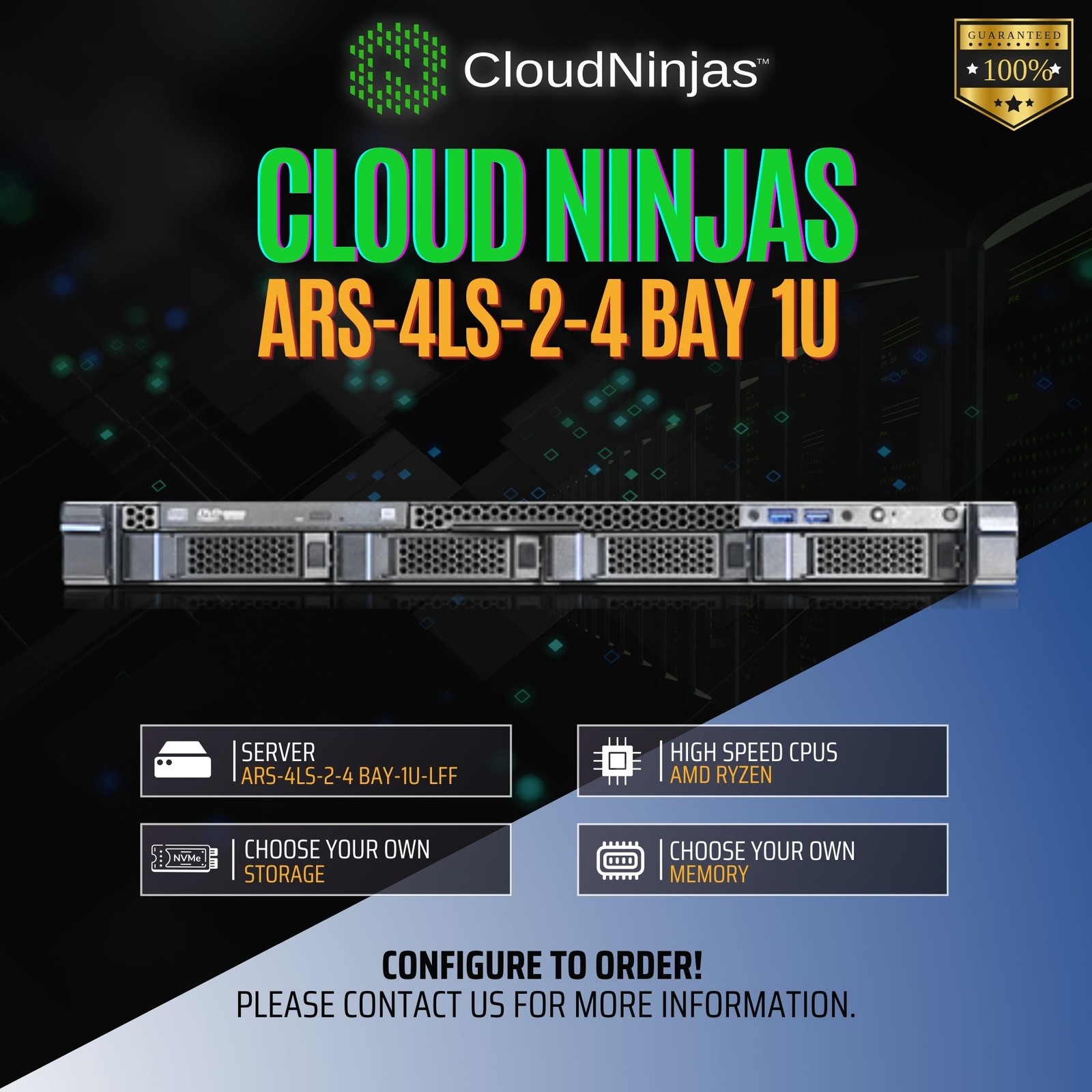 Cloud Ninjas ARS-4LS-2 4 Bay 1U Server AMD Ryzen 9 7950X3D 16 Core DDR5 ECC NVMe