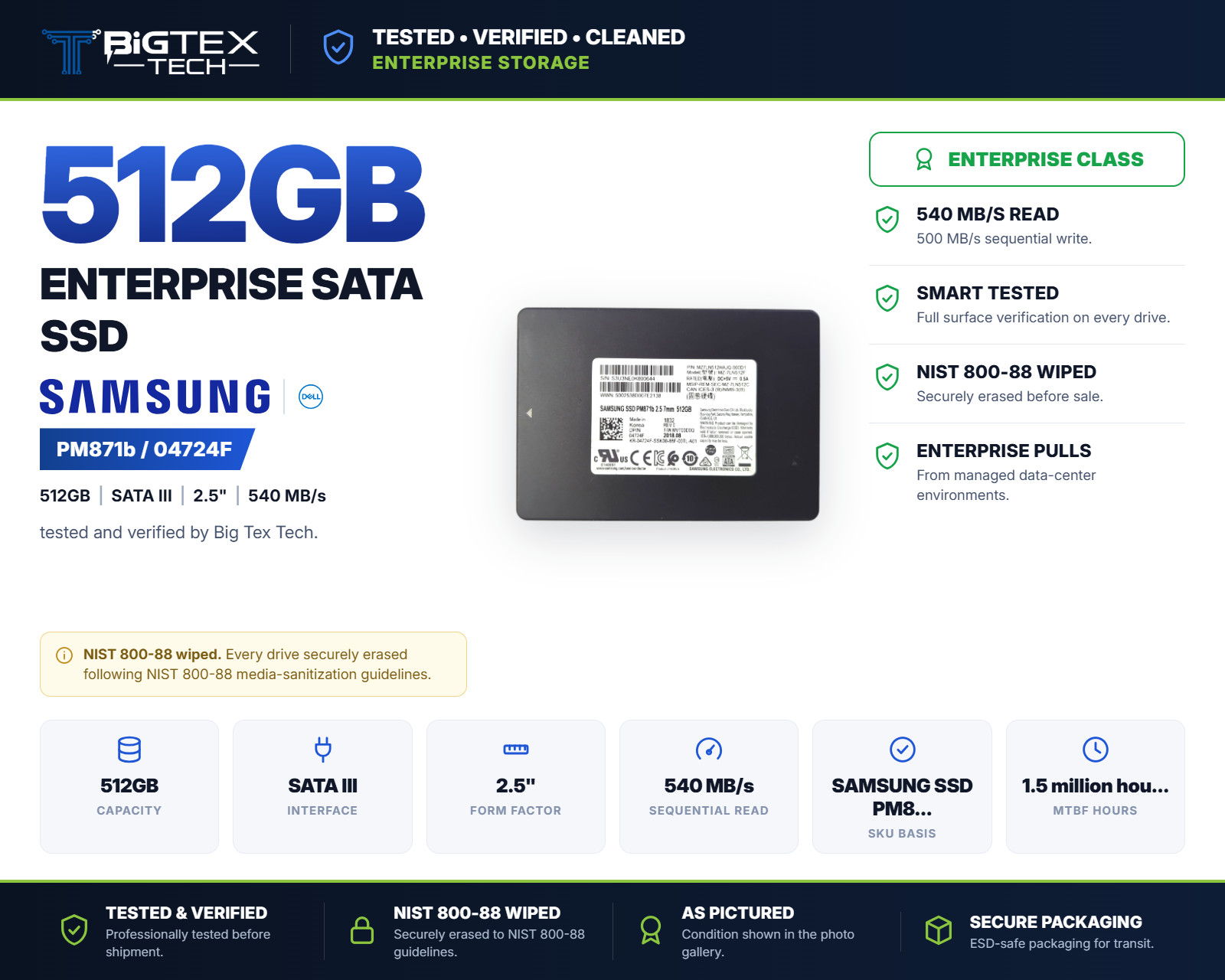 Samsung PM871b 512GB 2.5" SATA III SSD Dell OEM 04724F