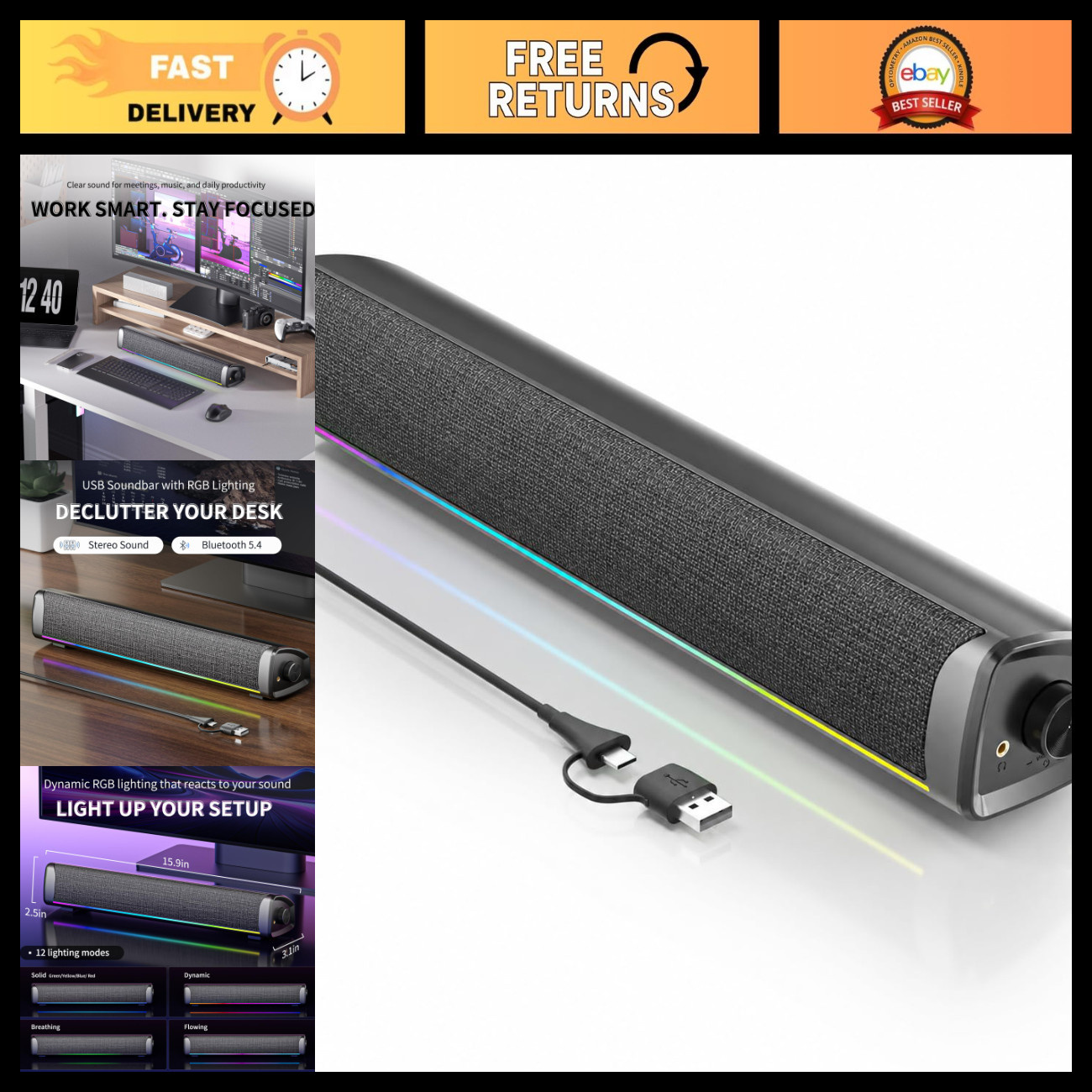 Desktop Gaming Soundbar Speakers - 4 Drivers, RGB Lights, USB-C, Plug & Play, Mi