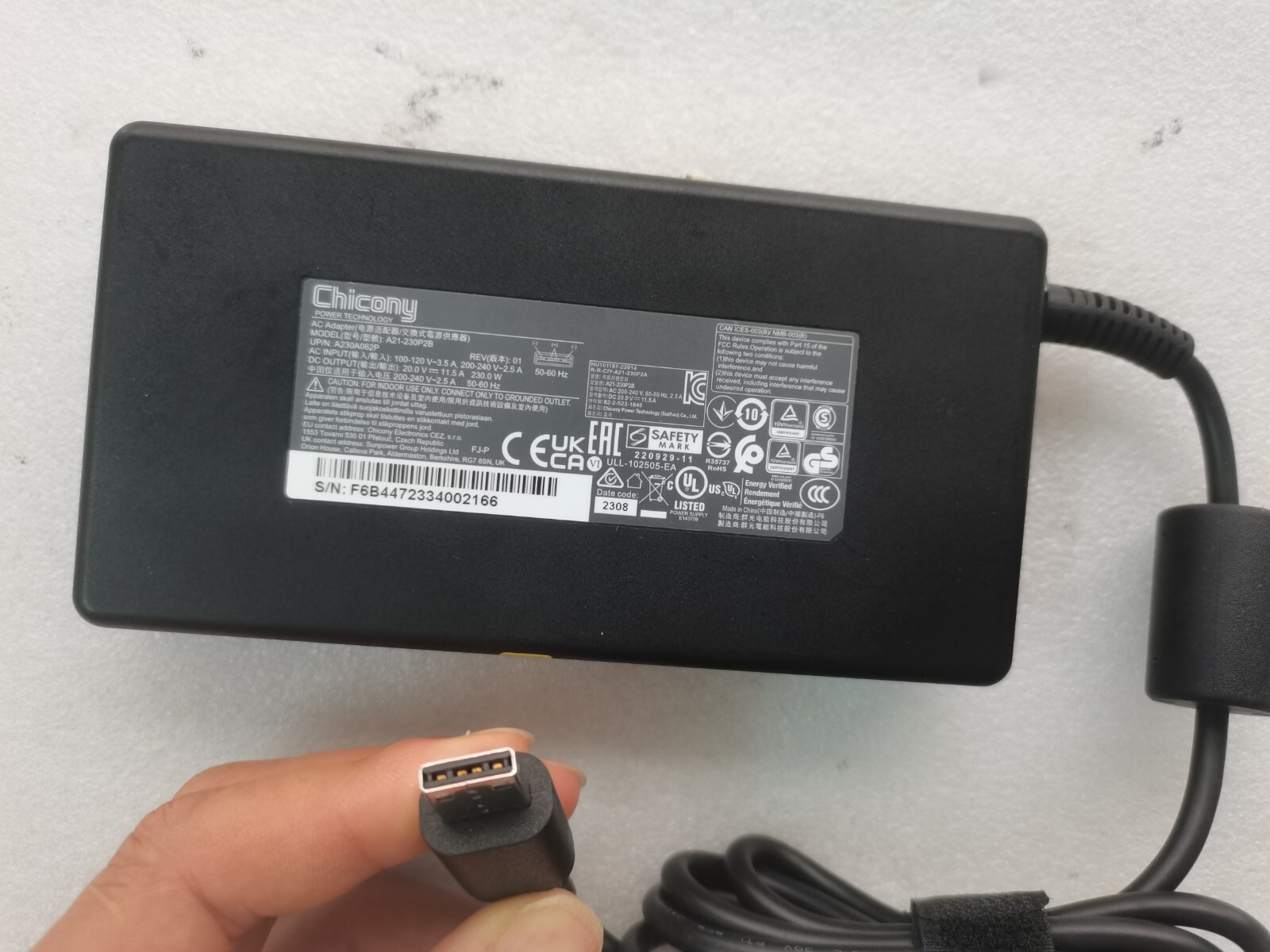 Chicony 20V 11.5A A21-230P2B A230A062P REV:01 For MSI 230W AC Adapter Original