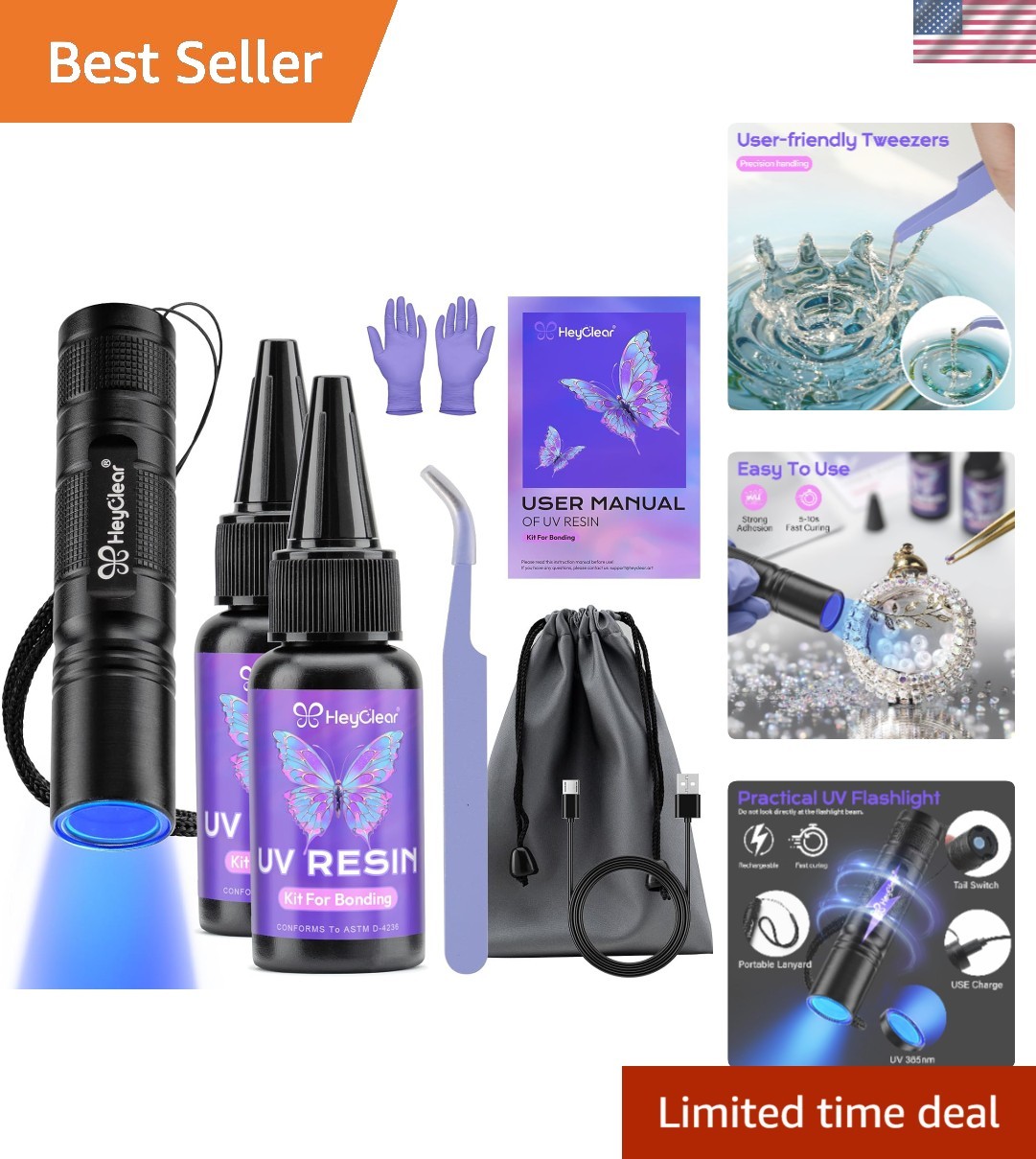 60G UV Resin Kit with Light -Fast Curing, Bonding in Seconds UV Glue Adhesive wi