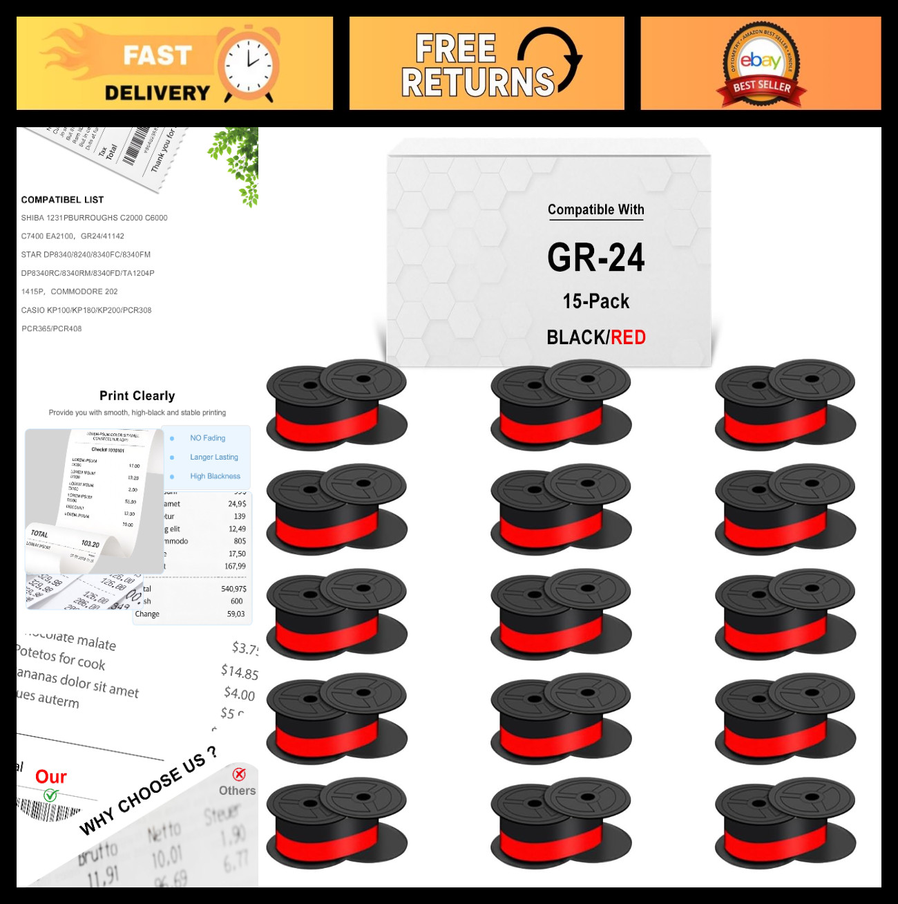 15-Pack Twin Spool Calculator Ribbon Black/Red Compatible for Sharp, Canon, Casi