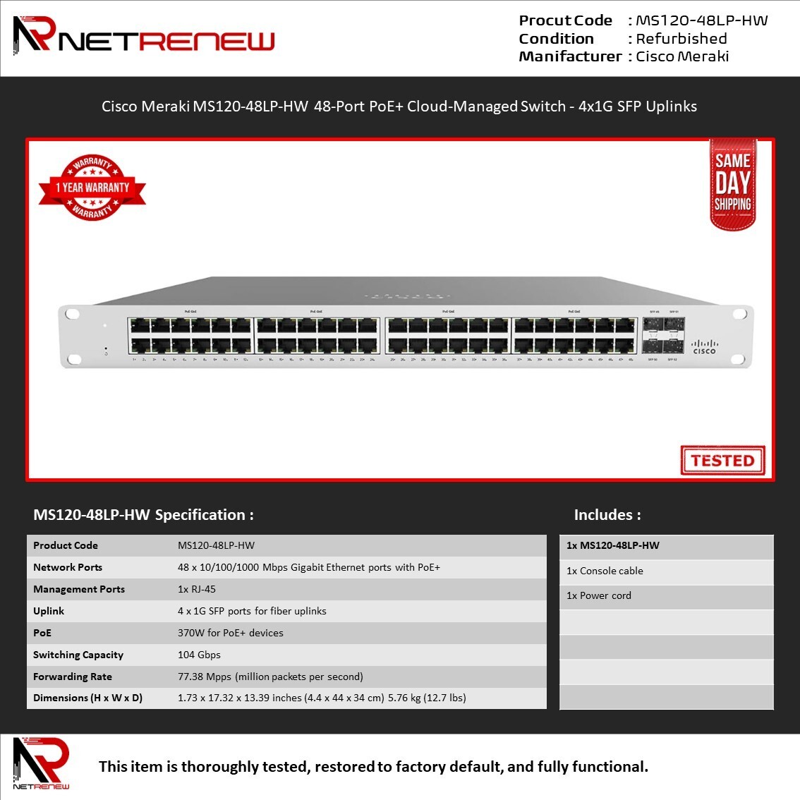 Cisco Meraki MS120-48LP-HW 48-Port PoE+ Cloud-Managed Switch - 4x1G SFP Uplinks