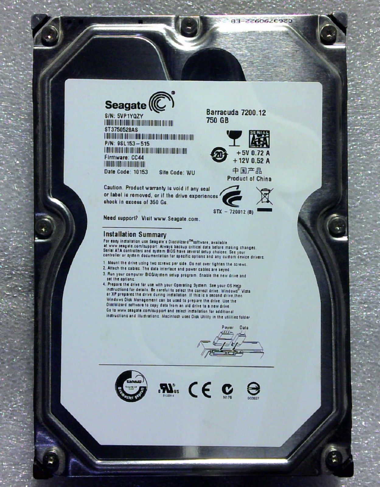 Seagate F3 - ST3750528AS - 750GB - 9SL153-515 - 71 01 - SN: 5VP1YQZY