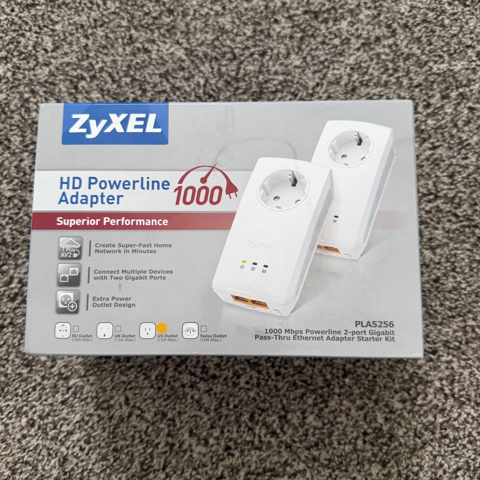 ZyXEL 1000 Mbps HD Powerline Adapter 2-port Gigabit - Model PLA5256 2 Units NIB