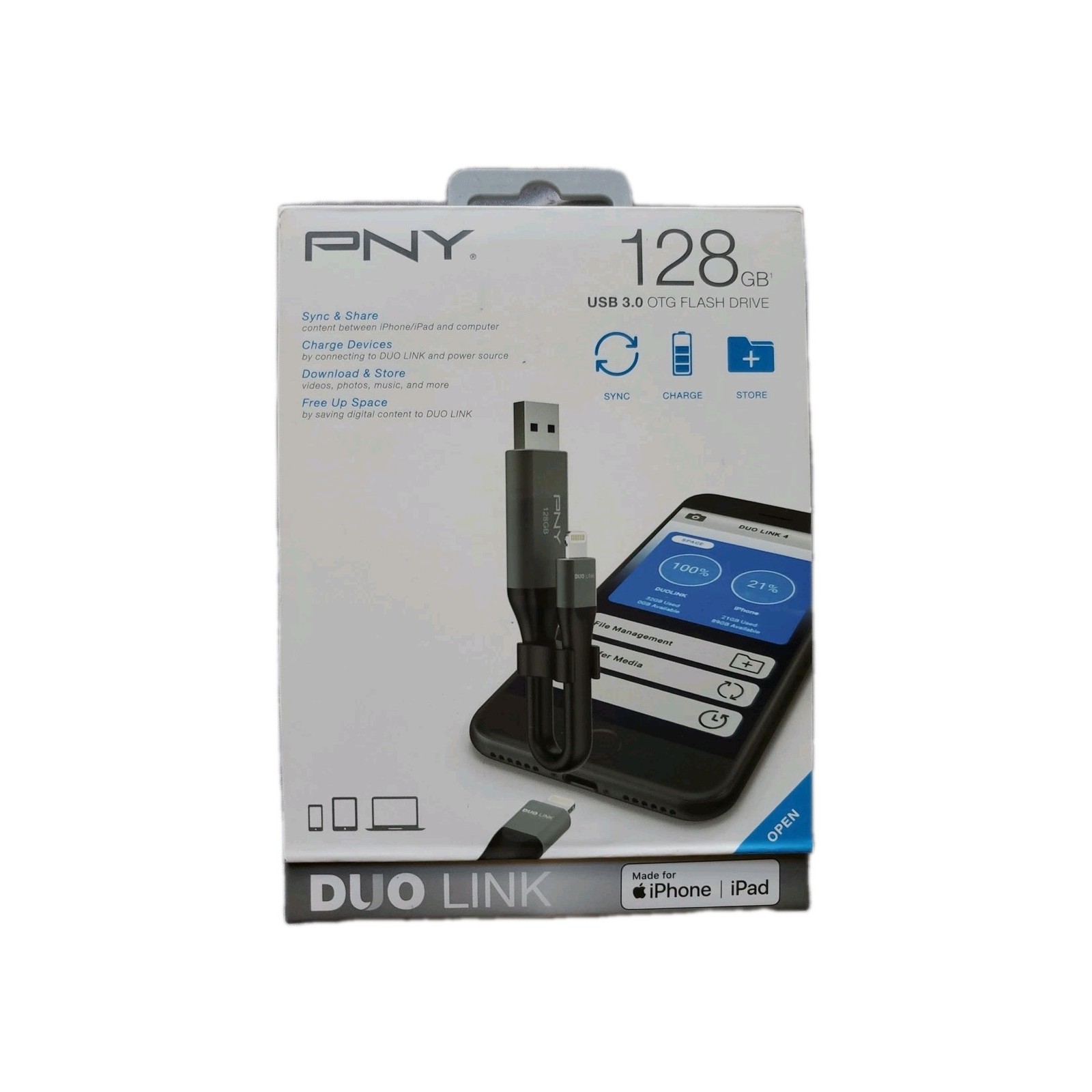 New PNY Duo Link 128GB USB 3.0 OTG Flash Drive Made for iPhone iPad Sync, Storag