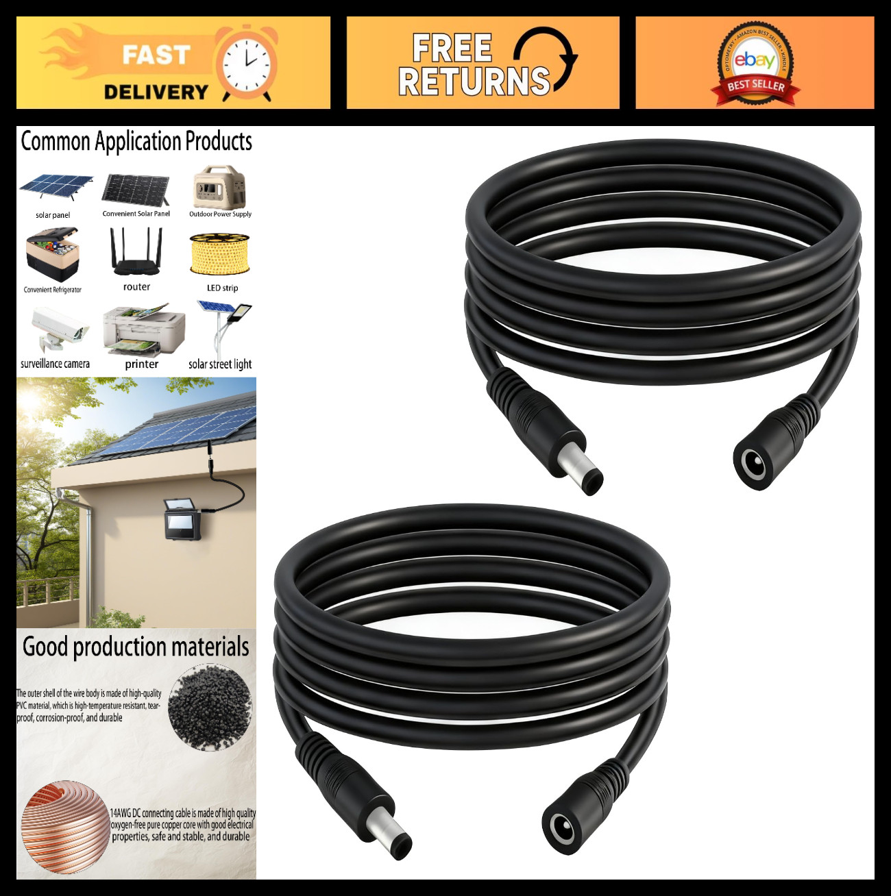 6.5FT 14AWG DC Power Extension Cable 5.5mm x 2.1mm Male to Female for CCTV, LED,