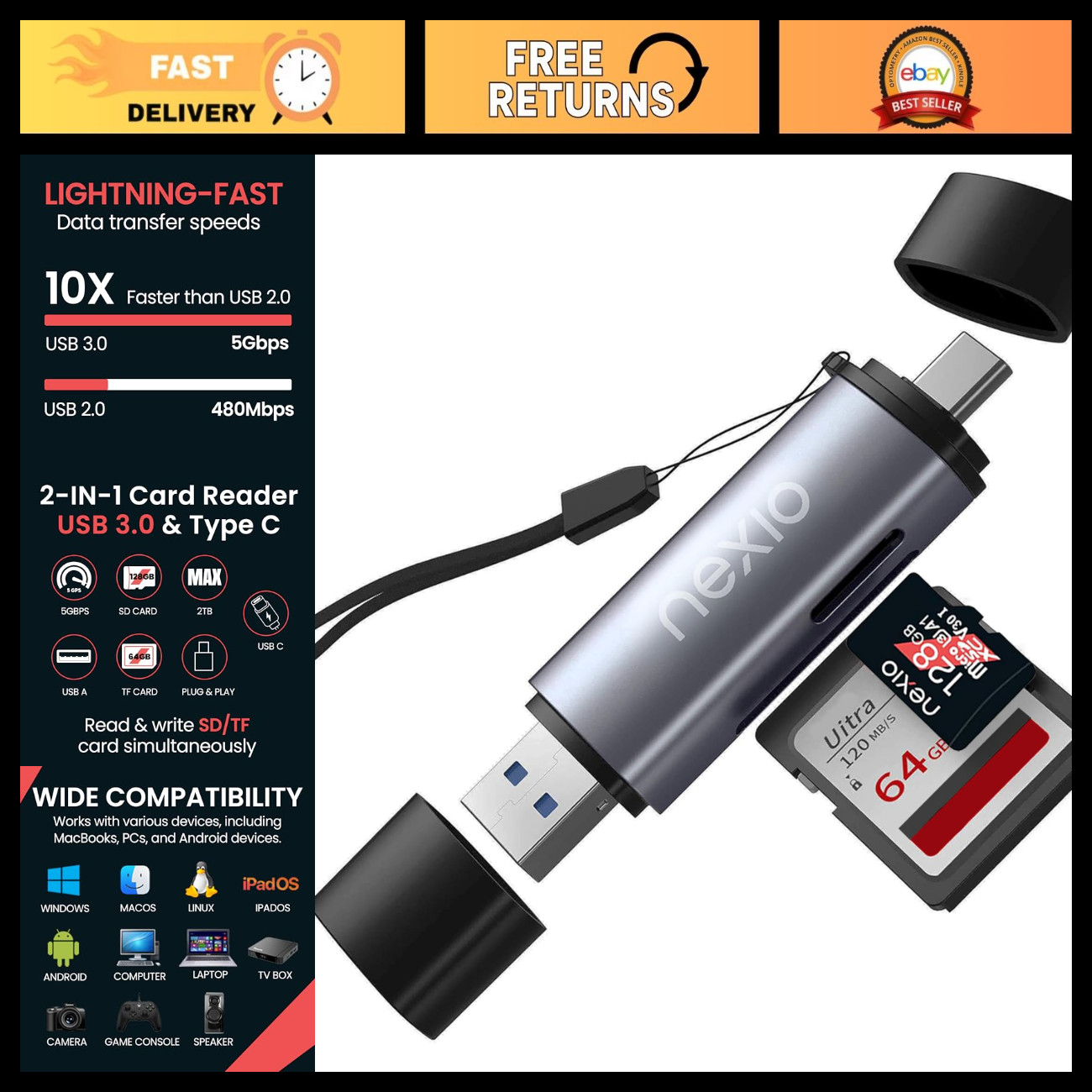 USB 3.0 Dual Slot SD Card Reader, 5 Gbps, Compatible with Apple & Windows, Suppo