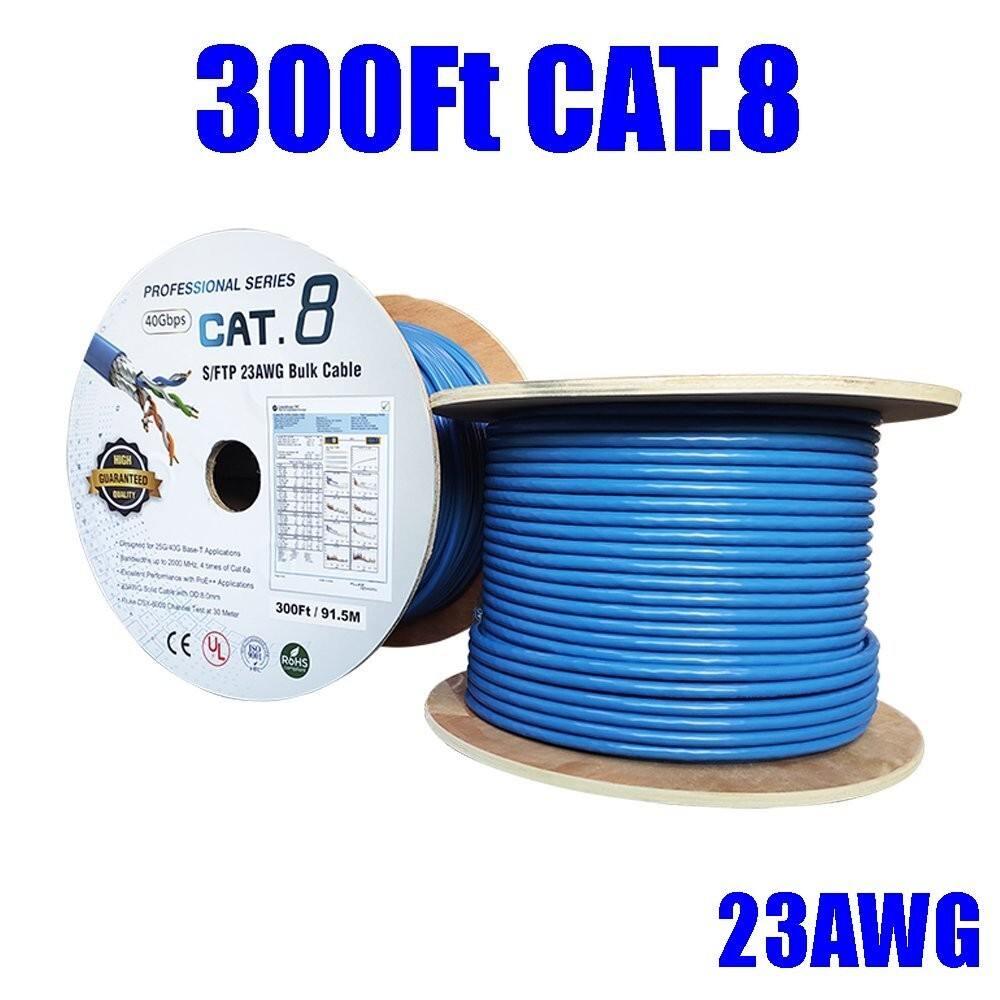 300FT CAT8 40G 2000Mhz Network LAN Ethernet S/FTP Shielded Cable Wire Solid Blue