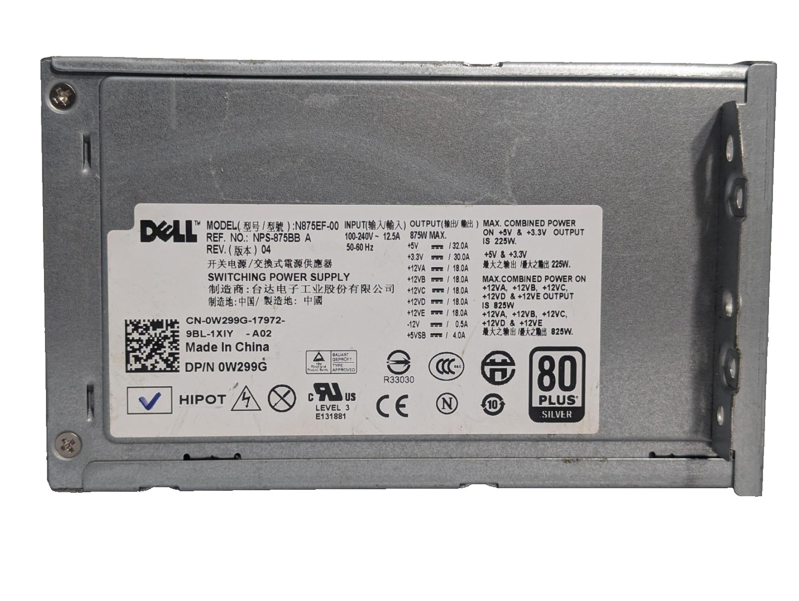 Dell Precision T5500 875W 80+ Silver Power Supply PSU N875EF-00 0W299G w/ Cables