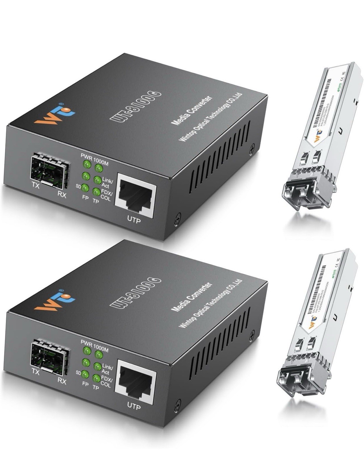 2 Pack Fiber Ethernet Media Converter, WTSFOPTC Fiber Optic Transceiver with 2 P