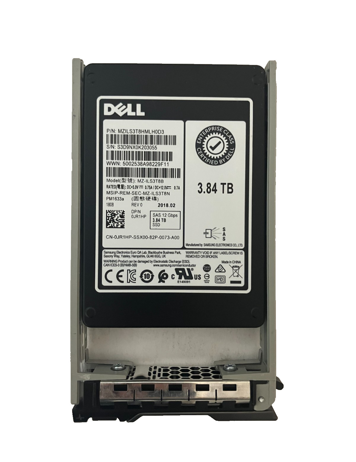 DELL MZILS3T8HMLH0D3 SSD 3.84TB SAS 12Gb/s 2.5" JR1HP PM1633a 512b/s 90-100%