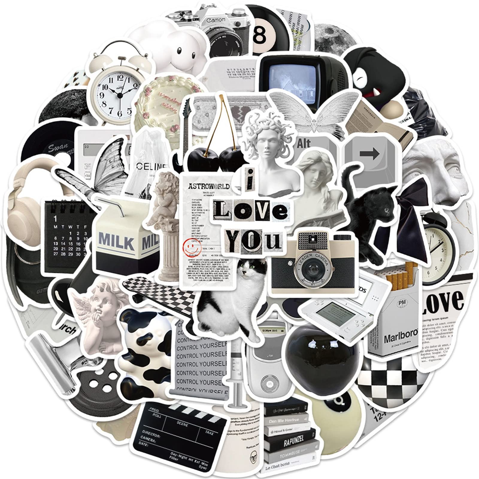 Aesthetic Stickers Black and White Sticker Pack 60PCS, Y2K 2-4 inches, Ins