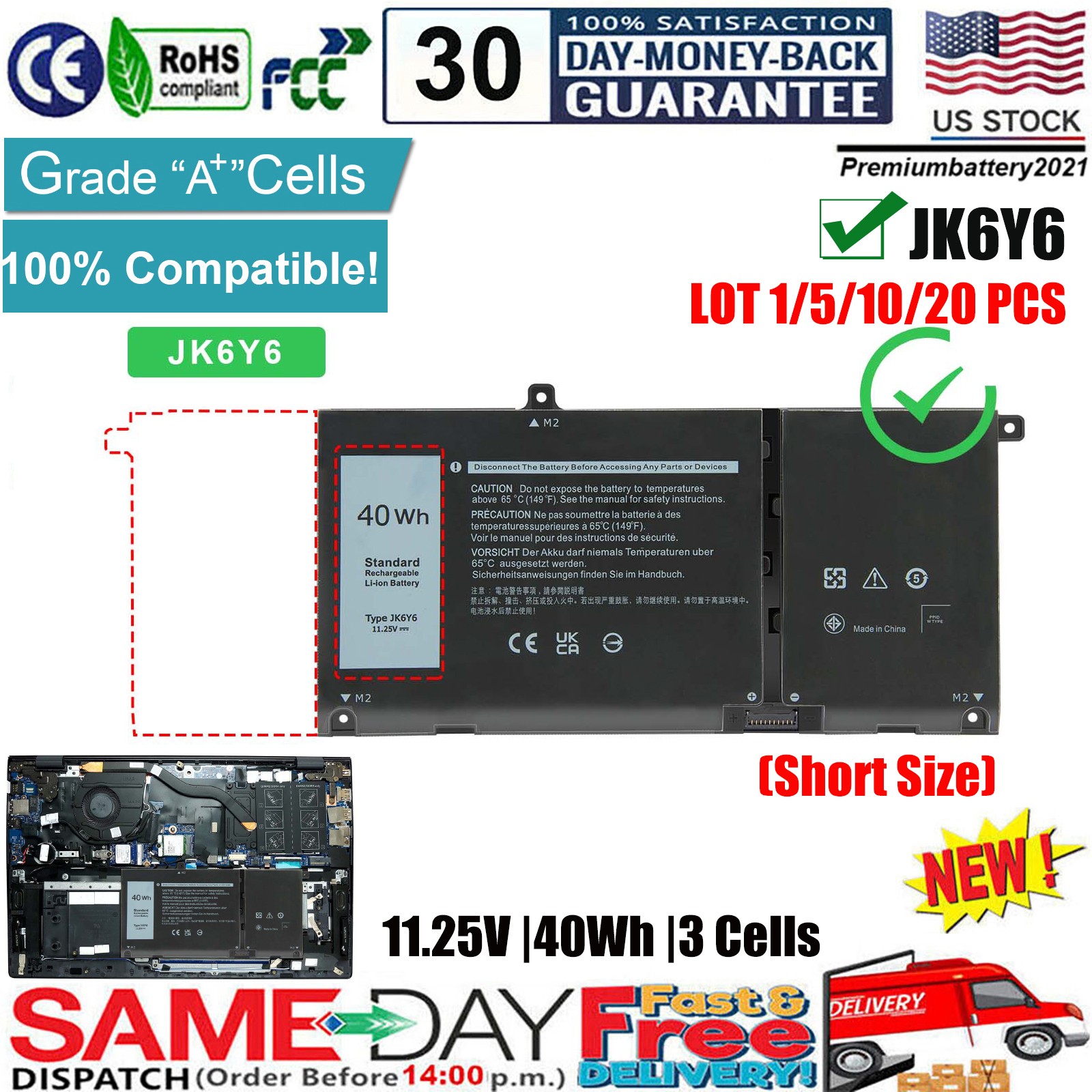 ✅LOT JK6Y6 Battery For Dell Inspiron 5300 5301 5401 5402 5408 5501 5502 40Wh US