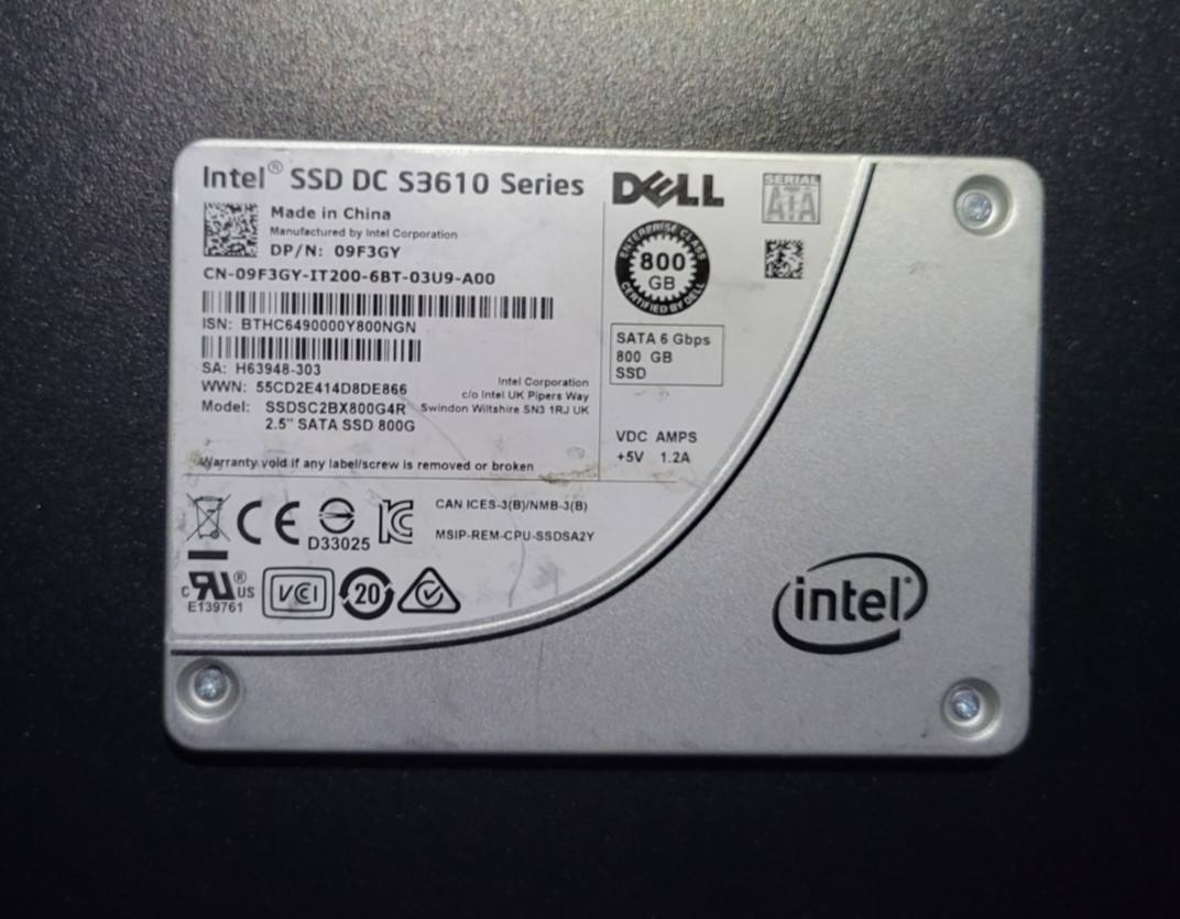 DELL INTEL 800GB 2.5" SATA S3610 SSDSC2BX800G4R 6Gb SATA SSD 09F3GY 100% HEALTH
