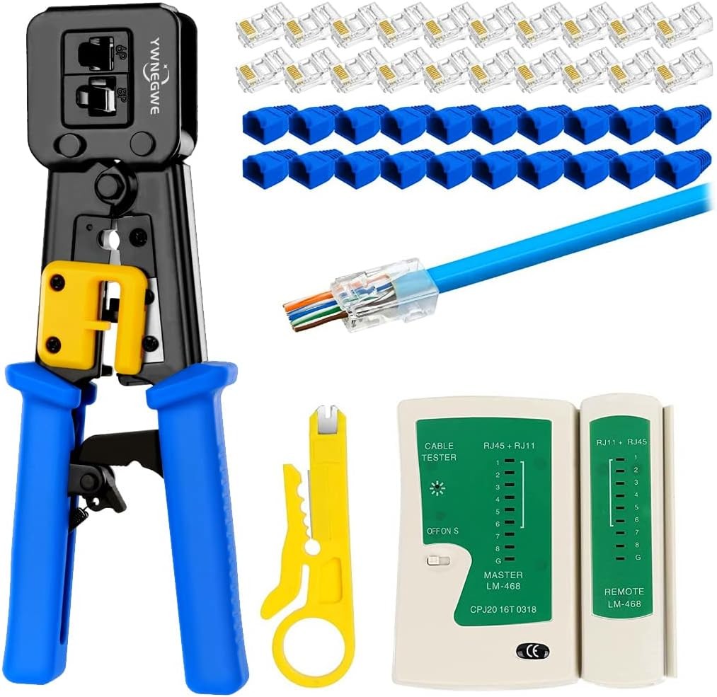 Kit de crimpado RJ45 Pass-Through para Cat5/Cat5e/Cat6 con 20 conectores, 20 cub