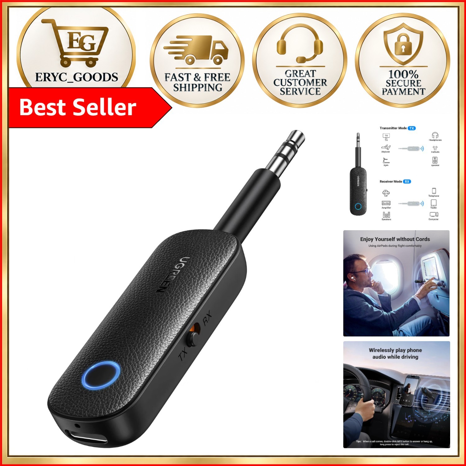 Portable Bluetooth 5.4 Transmitter for Headphones, TV, and Cars - Built-in Mic
