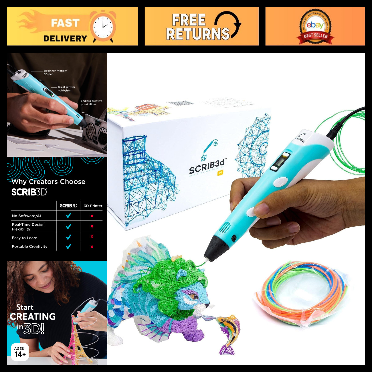 3D Printing Pen with Display - Includes 3 Colors PLA Filament, Stencil Book & Gu