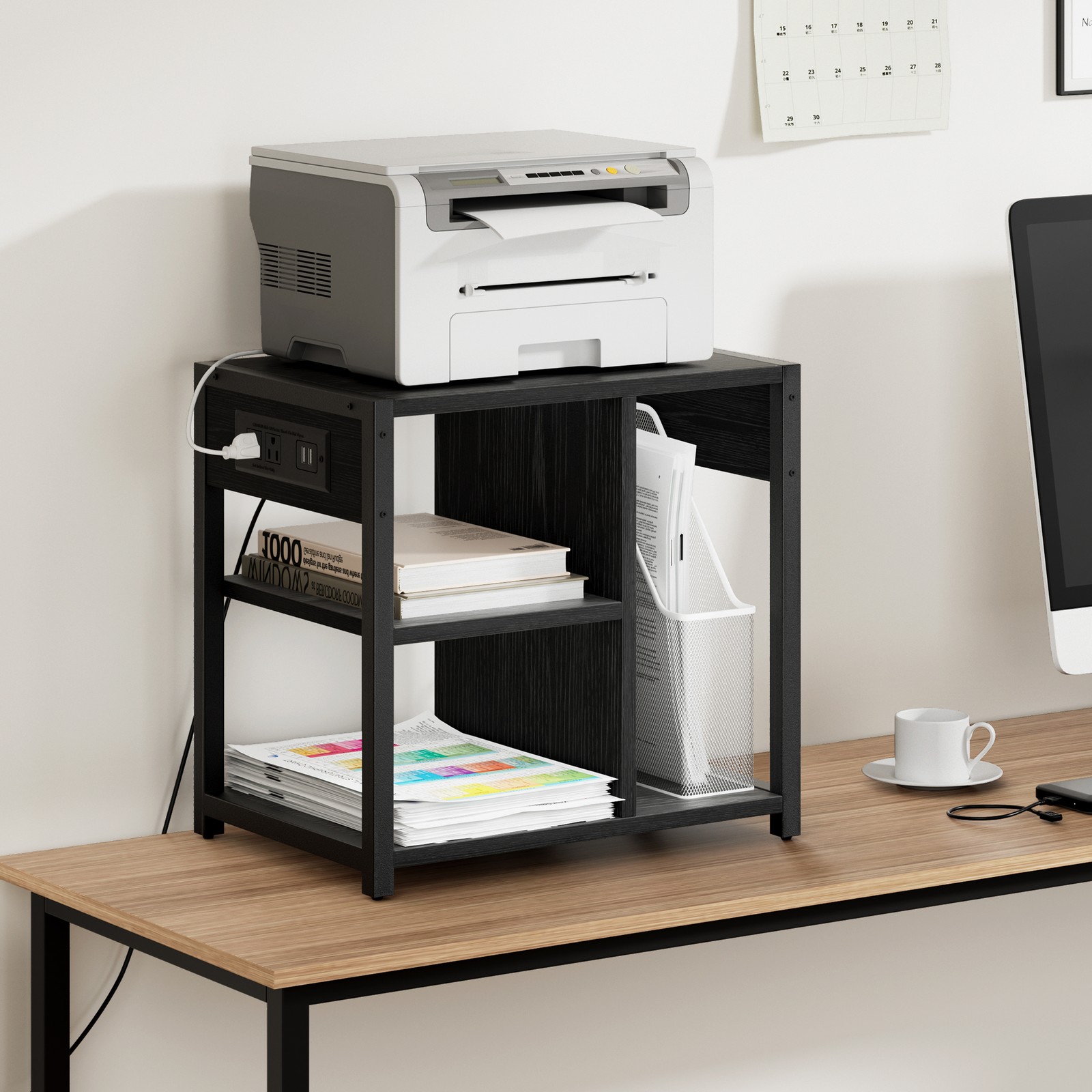 Small Printer Stand with Power Outlets Under Desk Mobile Utility Storage Cart