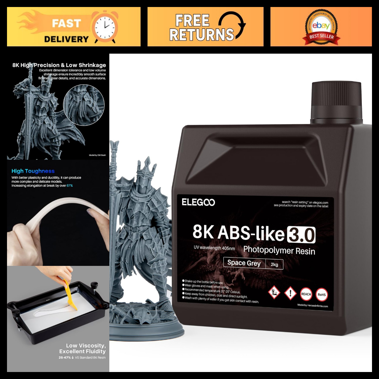 High Toughness 8K ABS-Like 3D Printer Resin, Fast Curing 405nm UV-Curing, 2000g
