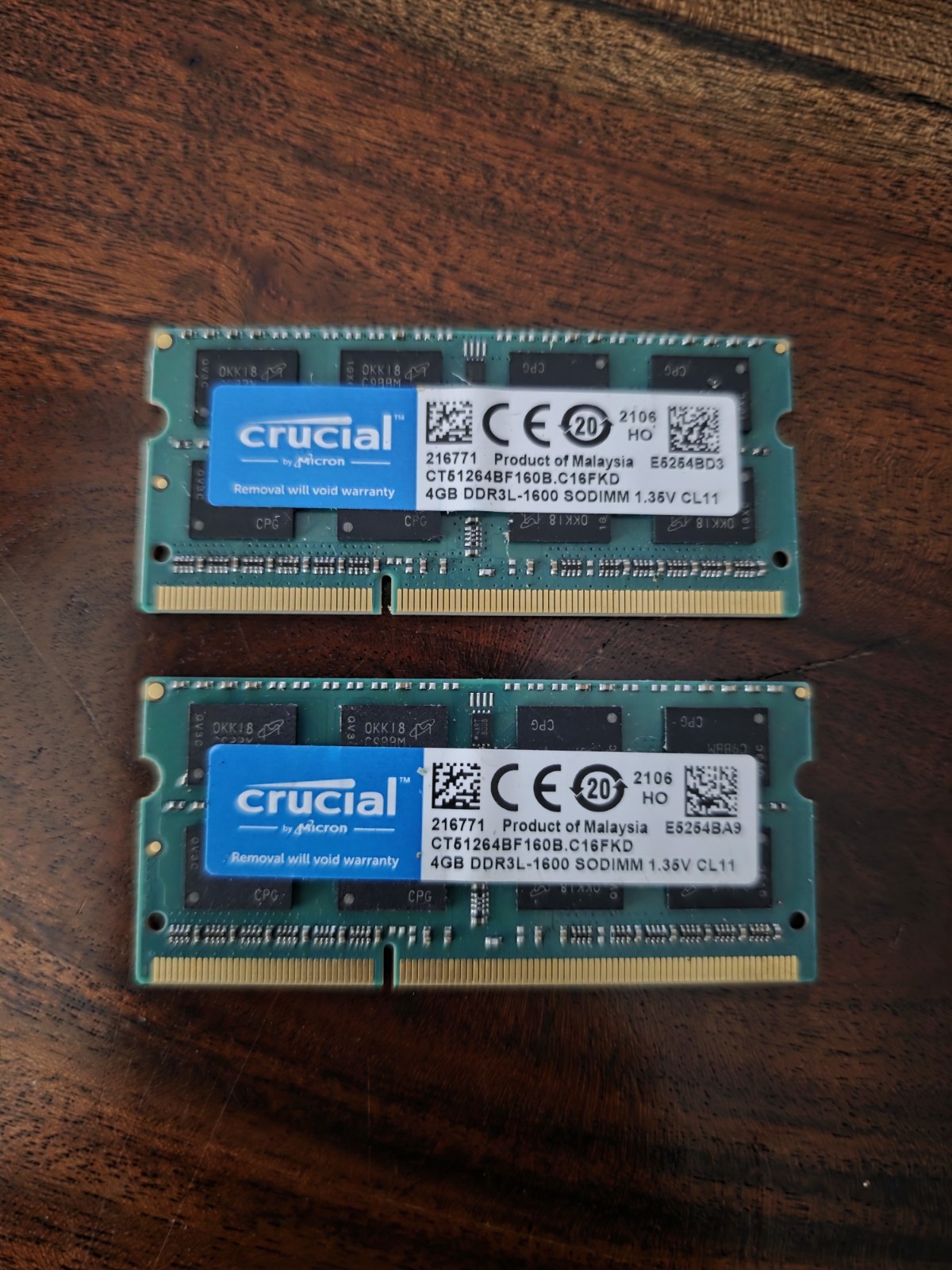 Lot of 2 Crucial 4GB DDR3L-1600 Laptop RAM – 8GB TOTAL