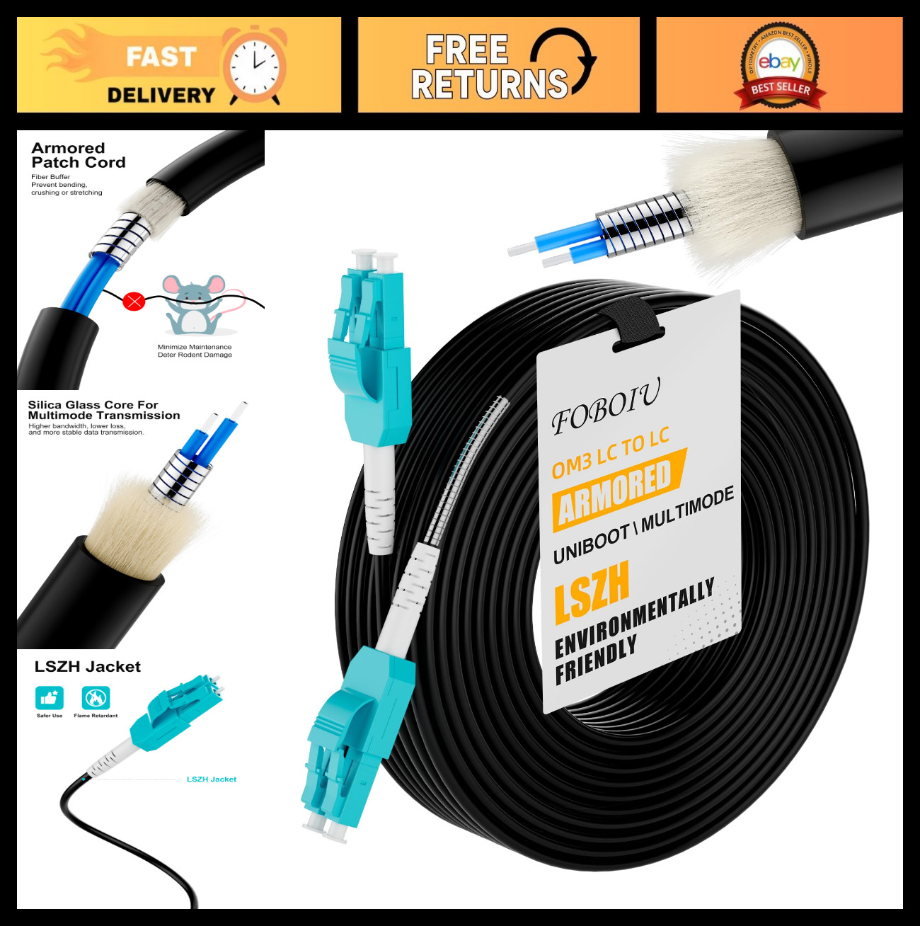 75M Armored Outdoor Fiber Optic Cable LC to LC, 10Gb Multimode 50/125μm, LSZH Ja