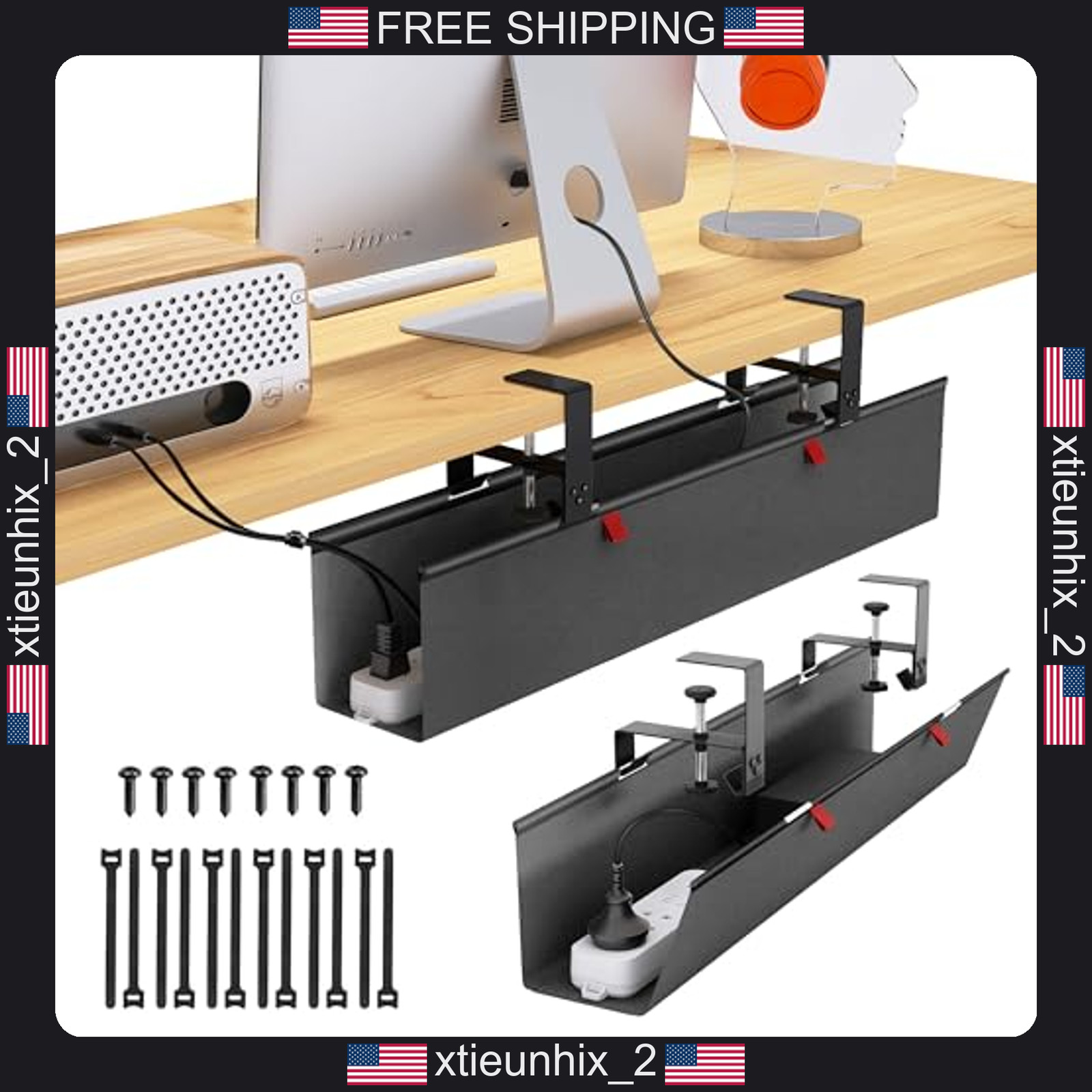 Under Desk Cable Management Tray Fabric Wire Organizer Clamp/Screw Mount Black