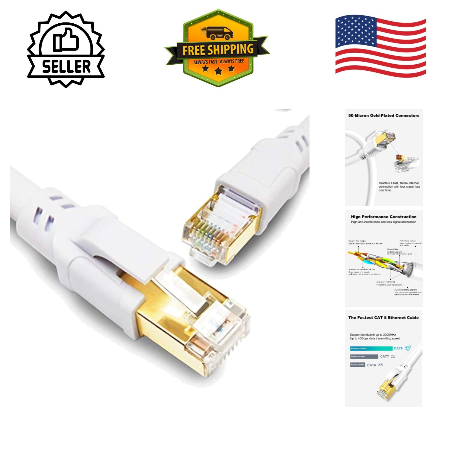 Weatherproof 10ft Ethernet Cable 2-Pack - High-Speed 40Gbps with Gold Connectors