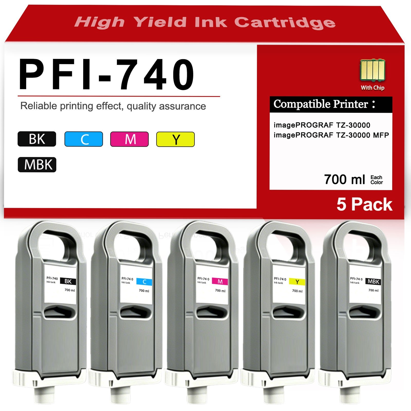 5 Pack PFI-740 (700ml) Ink Cartridge Compatible for Canon TZ-30000 TZ-30000