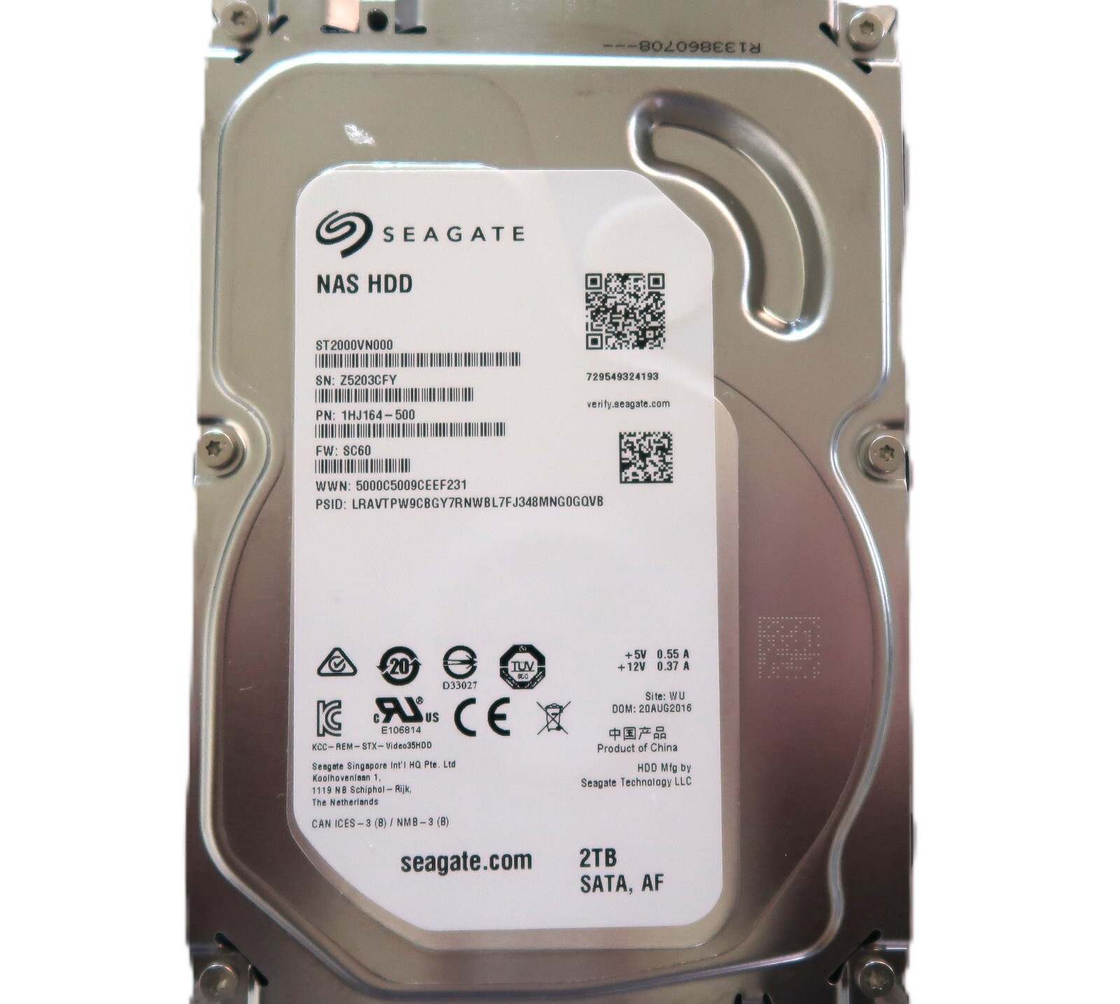 Seagate ST2000VN000 1HJ164-500 SC60 (Z520) WU China 3.5" 2TB HDD 20AUG2016