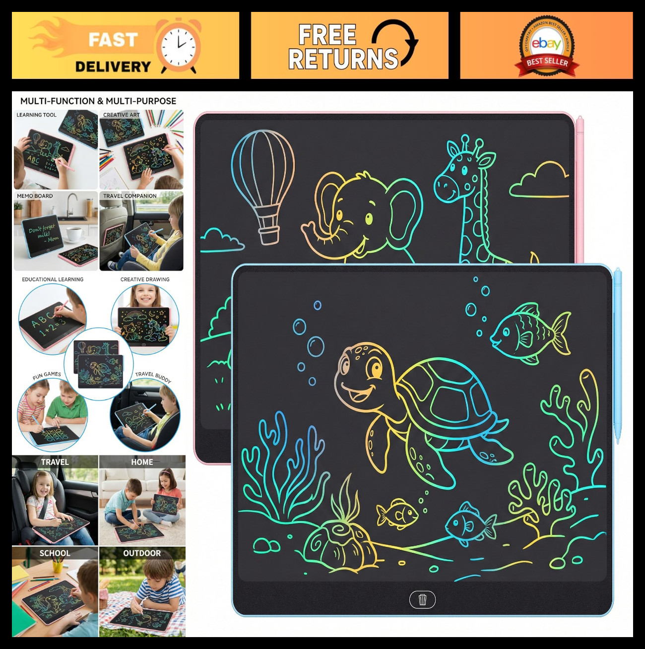 16" LCD Writing Tablet 2-Pack for Kids, Colorful Erasable Doodle Pad, Travel Lea