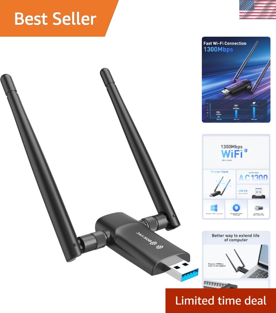 Compact USB WiFi Adapter 1300Mbps - High Gain Dual Antennas for Robust Signals
