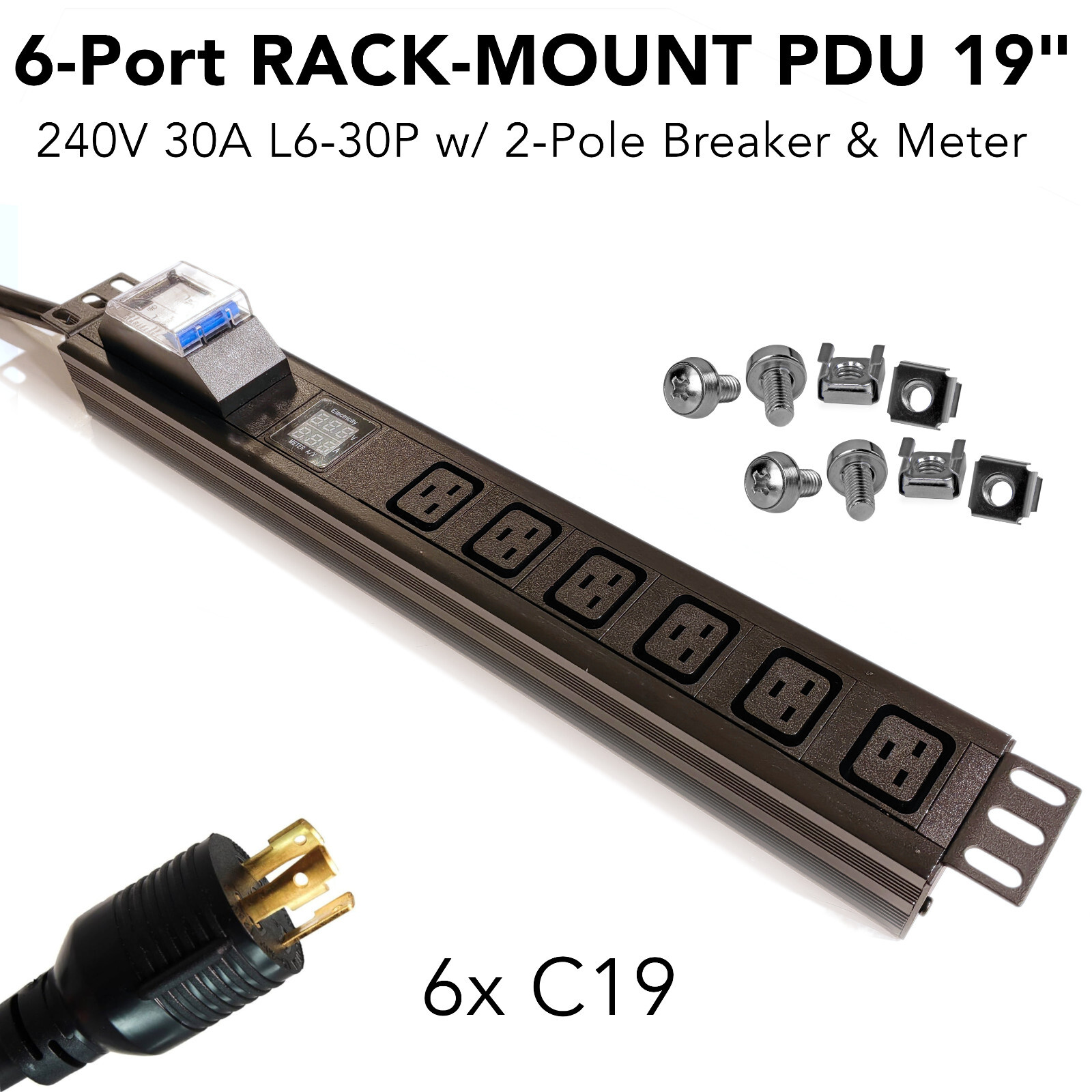 1.5U 19" Rack Server PDU 7500W 240V 30A L6-30P with 6x C19 2-Pole Breaker Mining