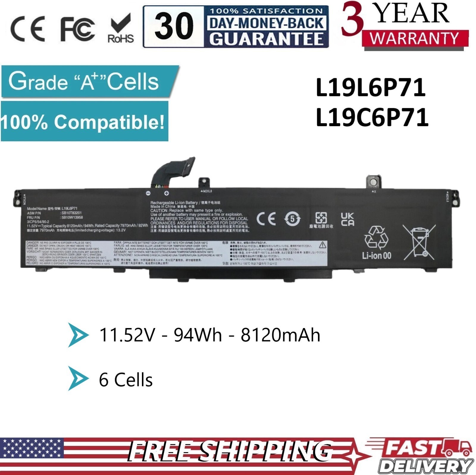 ✅New L19C6P71 battery For Lenovo ThinkPad P15 P17 2nd Gen L19L6P71 5B10W13958 US