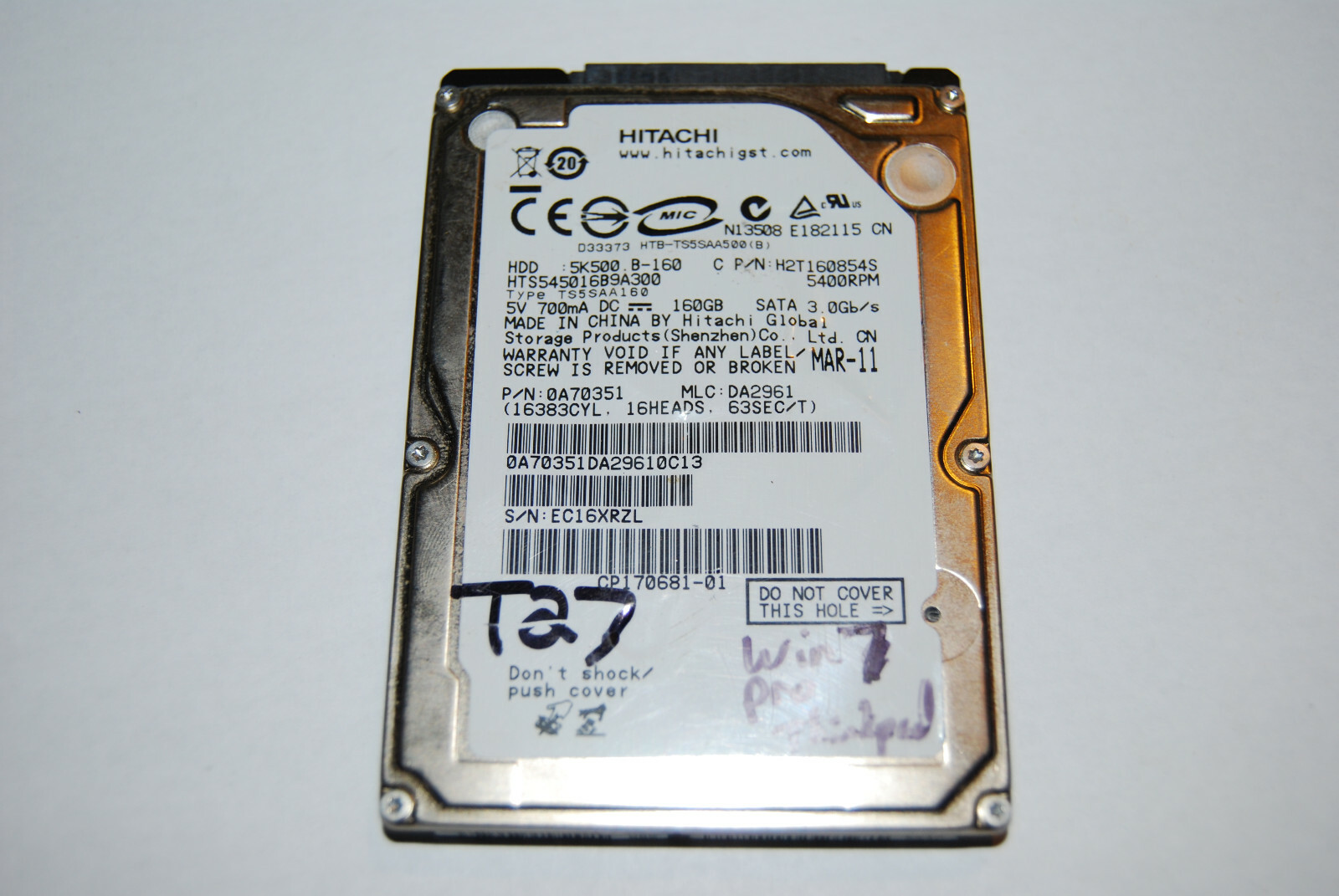 Hitachi 5K500 B-160 HTS545016B9A300 160Gb SATA III laptop hard drive