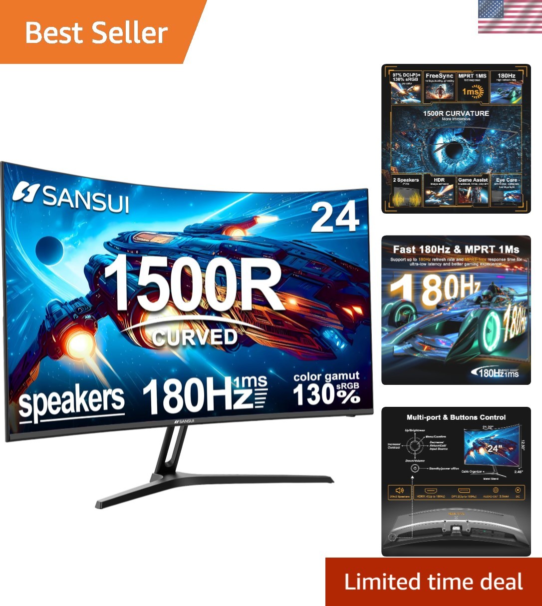 24 Inch Curved Gaming Monitor up to 180Hz MPRT 1ms with Built-in Speakers,FHD...