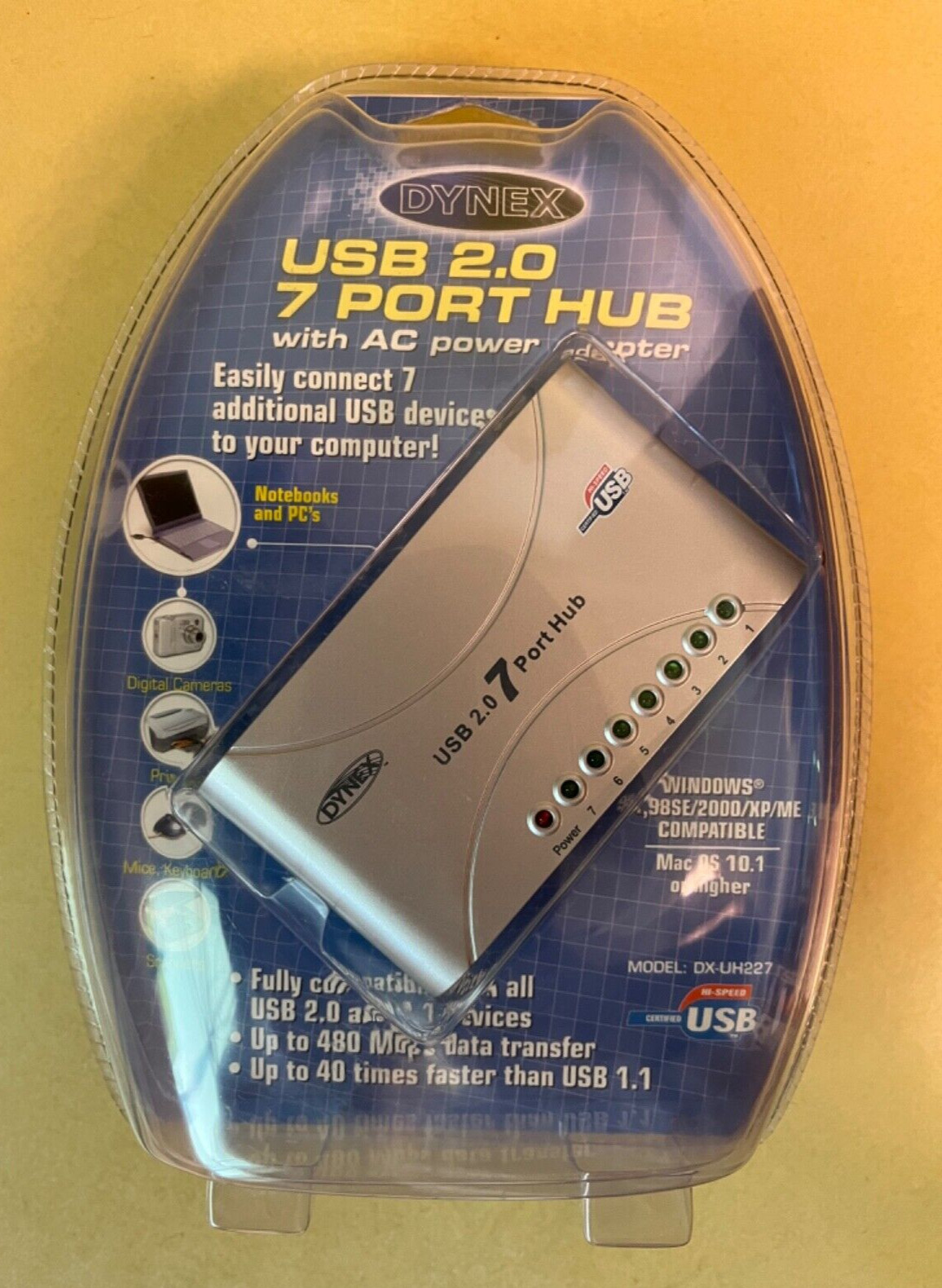 Dynex DX-UH227 USB 2.0-7 Port Hub w/a.c. power adapter New Factory Sealed