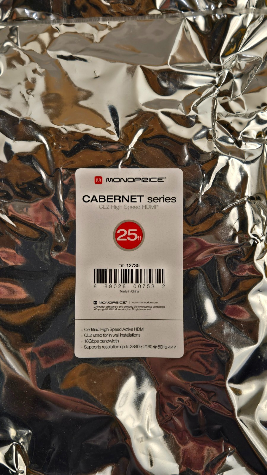 Monoprice Cabernet Active HDMI Cable 25ft CL2 4K 18Gbps In-Wall