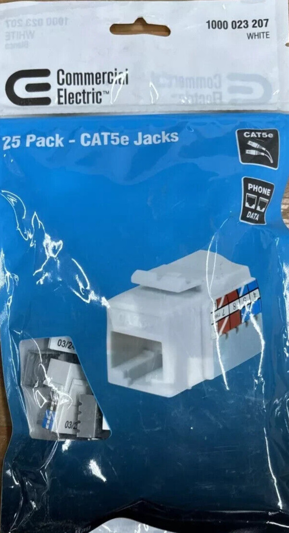 Commercial Electric Category 5e Jack - Gold Plated Plastic White (25-Pack) - NEW