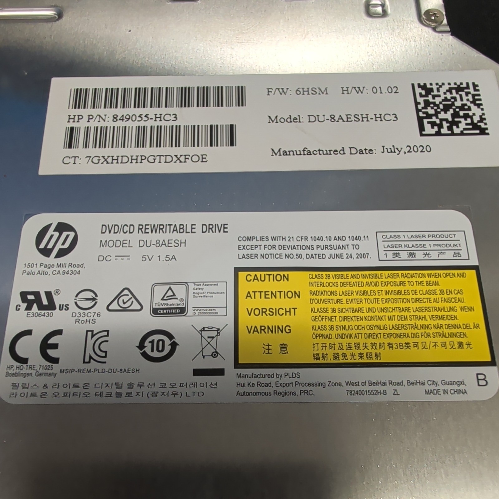 GENUINE HP DU-8AESH-HC3 DVD/CD Rewritable Drive 849055-HC3 SATA Optical Drive 1