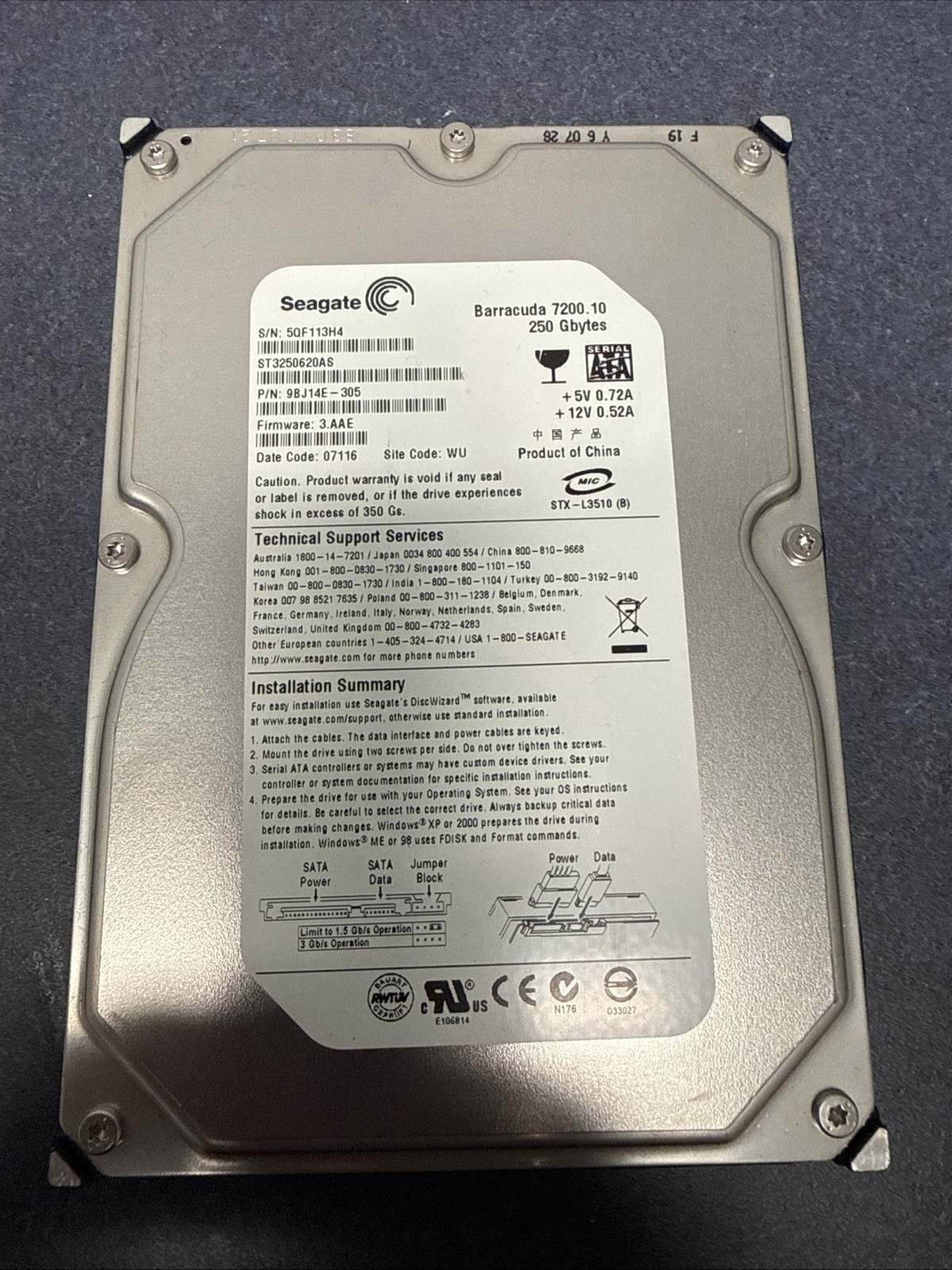 Seagate ST3250620AS 9BJ14E-305 3.AAE TK (9QE) Thailand 250gb Sata HDD 02/2007