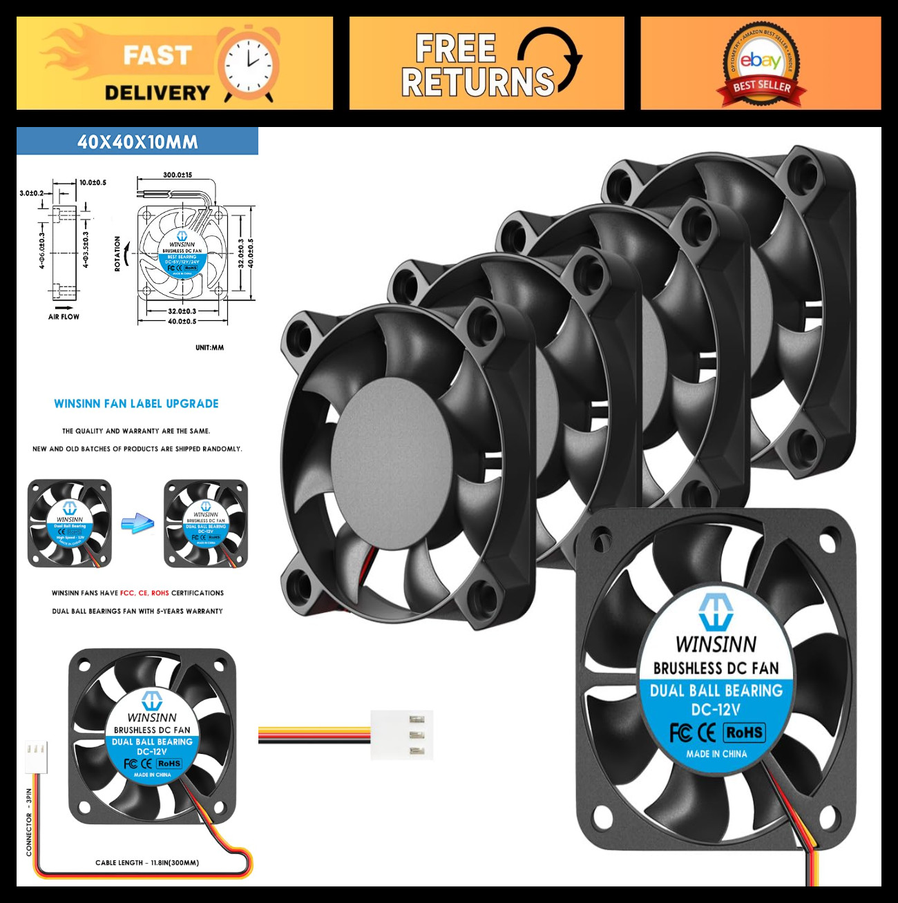 40mm 12V Cooling Fan - Dual Ball Bearing, 5000 RPM, Brushless, 5Pcs for 3D Print