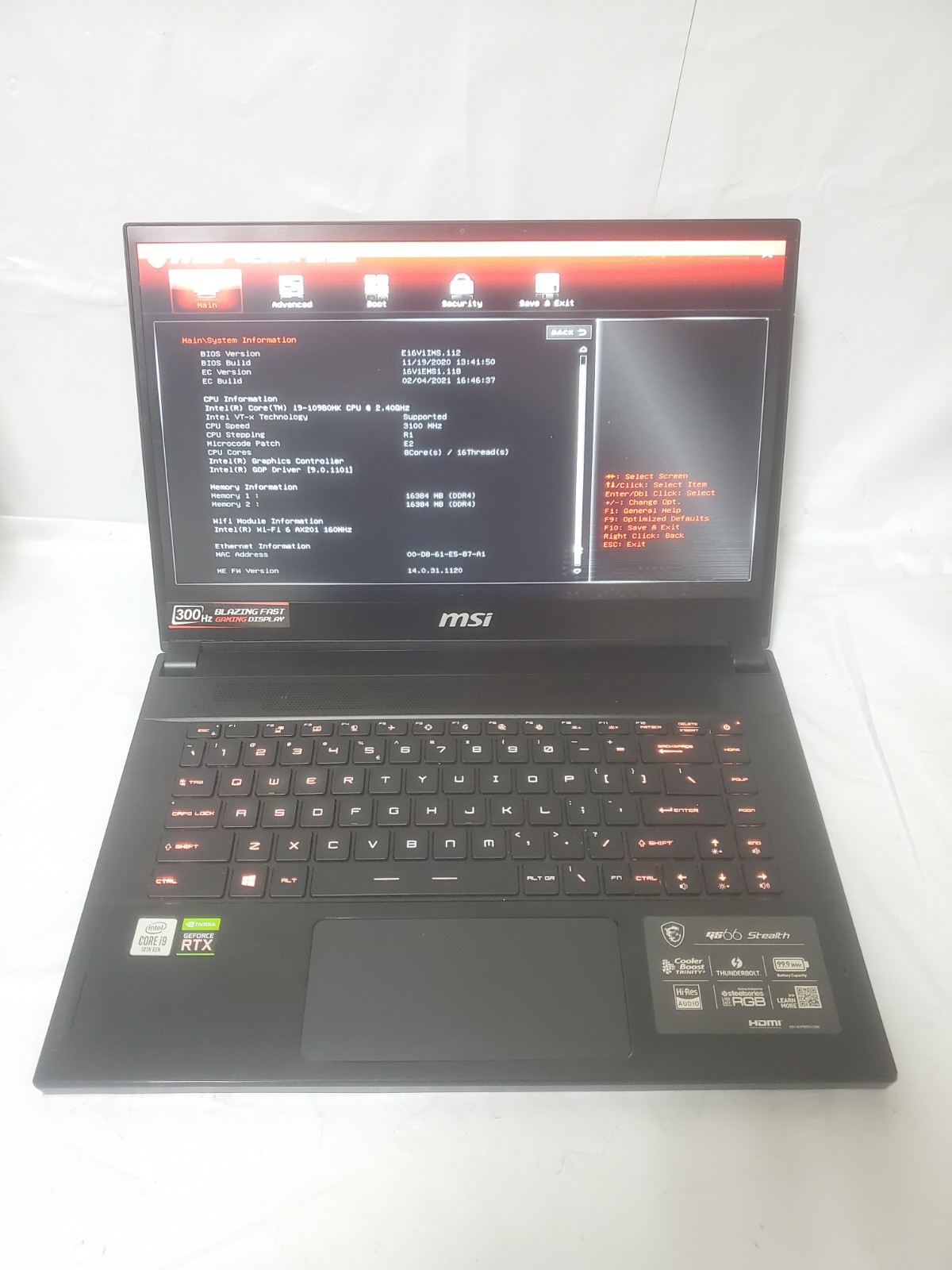 MSI GS66 Stealth 10SGS-036 15.6" i9-10980HK 2.40GHz 32GB Ram/No SSD/Test 