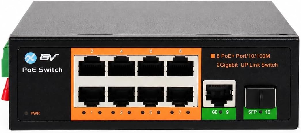 BV-Tech 8 Port PoE Switch 1 Gigabit Uplink Industrial DIN Rail POE-SW802-DIN