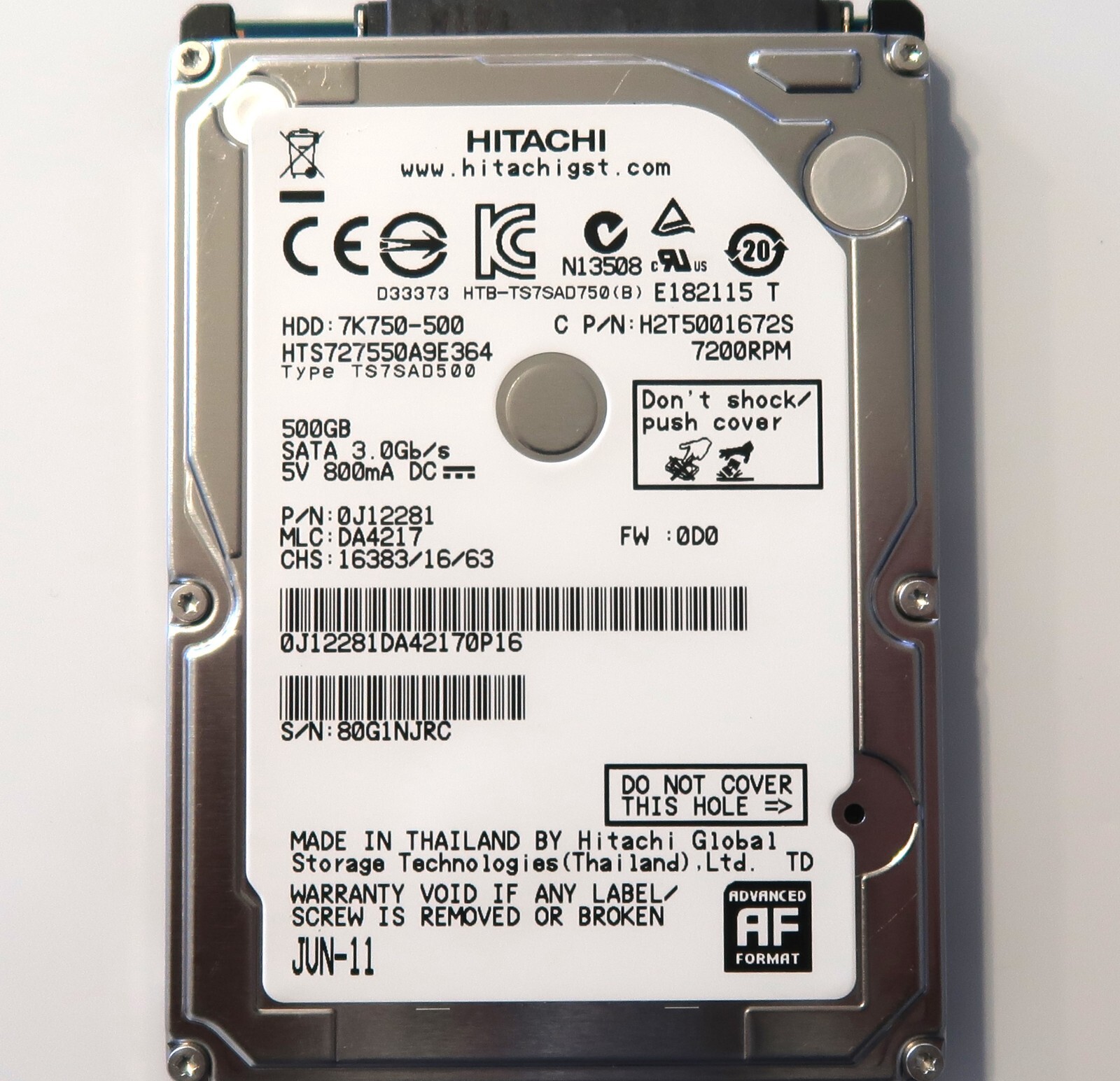 Hitachi HTS727550A9E364 0J12281 DA4217 Thailand 2.5" 500gb Sata JUN-11