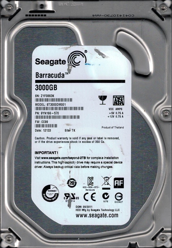 Seagate ST3000DM001 3TB P/N: 9YN166-570 F/W: CC99 TK Z1F