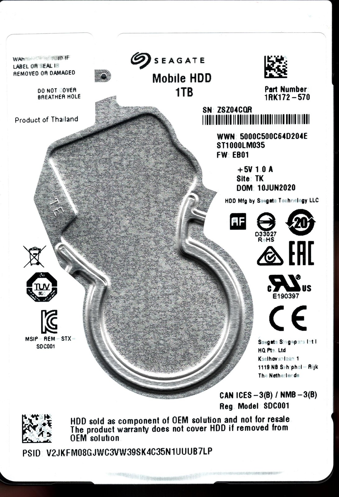 ST1000LM035 P/N: 1RK172-570 F/W: EB01 S/N: ZSZ04 1TB JUN 2020 THAILAND SEAGATE