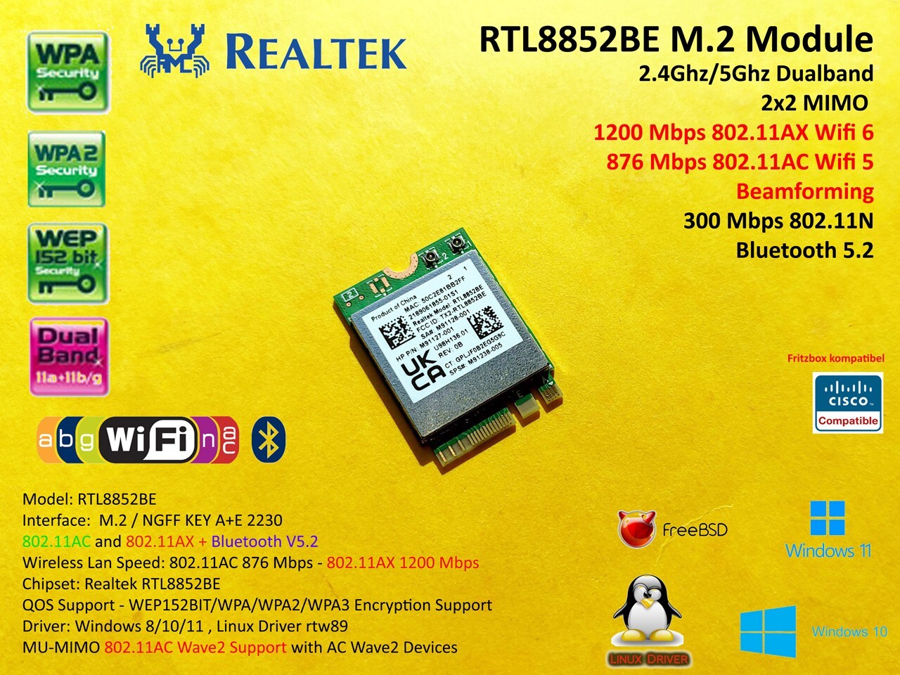 RTL8852BE NGFF M.2 KEY A+E 2230 802.11AC/AX WIFI 6 WiFi + Bluetooth 5.2 AX1800
