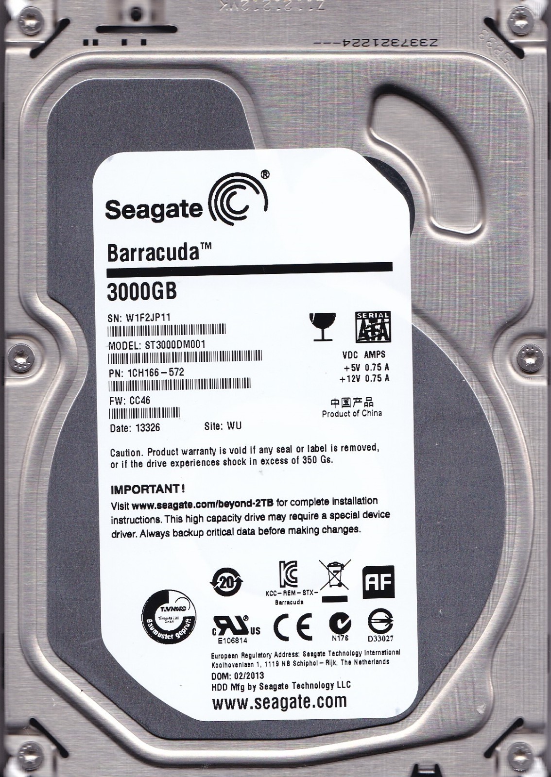 ST3000DM001 p/n: 1CH166-572 s/n: W1F f/w: CC46 WU 02/ 2013 3TB SATA 3.5" SEAGATE